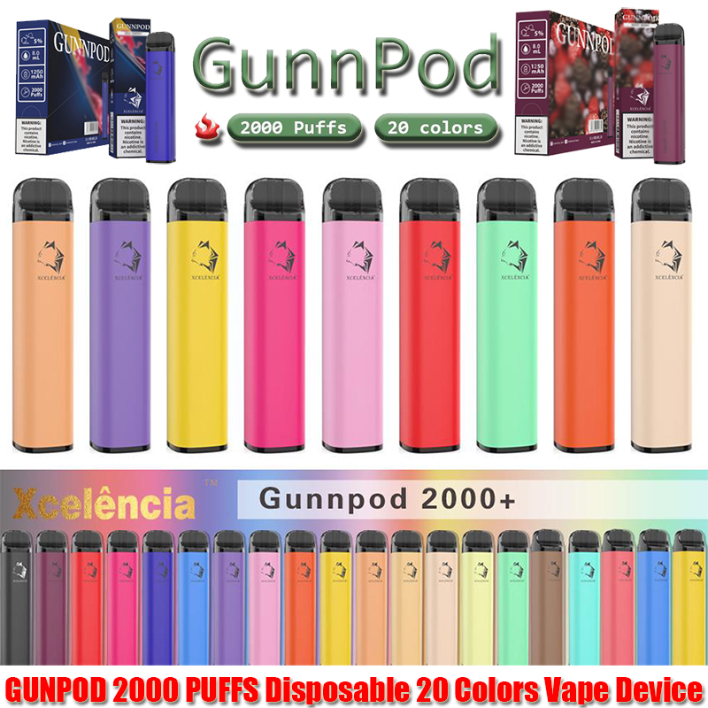 gunnpod 2000 퍼프 미리 채워진 일회용 vape 1250mAh 배터리 전자 담배 deivce 18350 8ml 기화기 스타터 키트 vs elf bar 20 flavs 펜 포드 퍼프 ​​gunpod